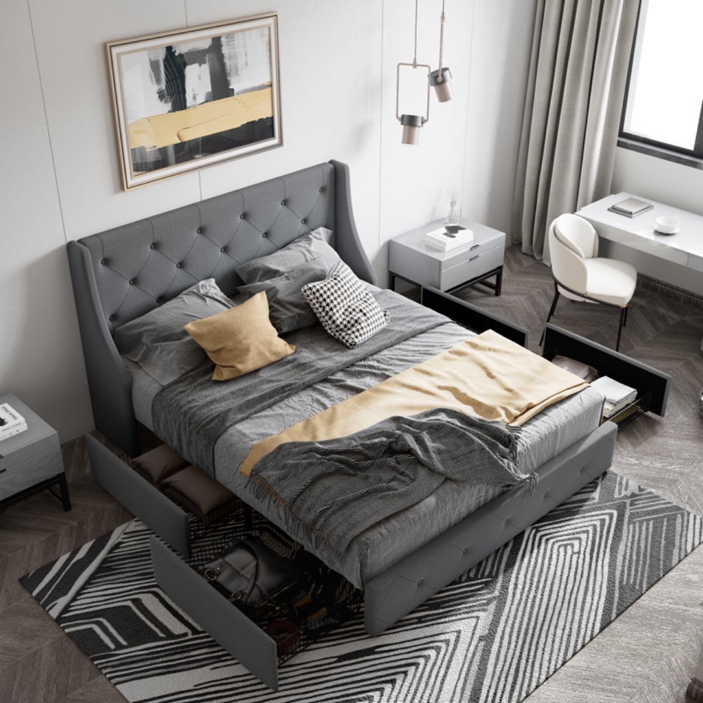 Queen Upholstered Storage Bed Frame with Drawers, mattress- Grey