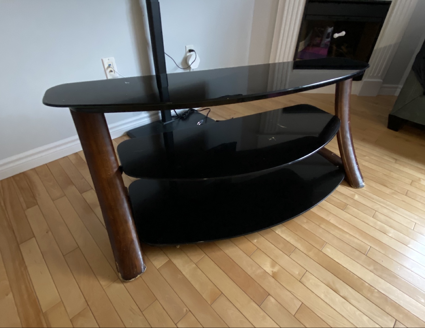 Black Glass TV Stand with Wooden Legs