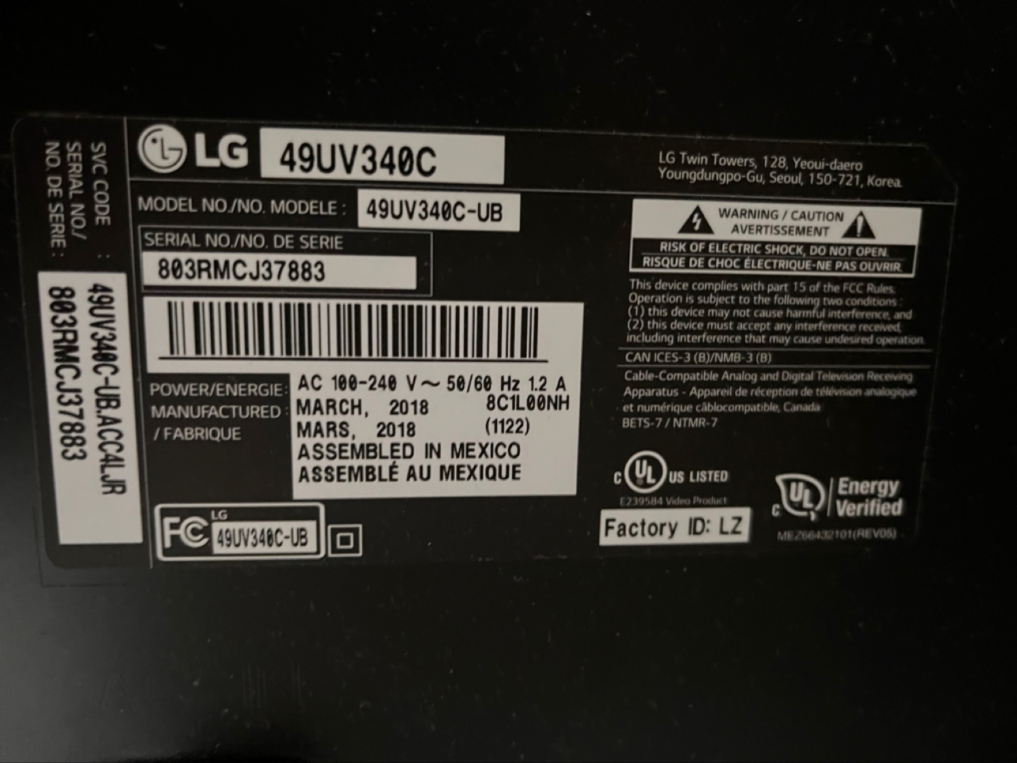 49” LG TV & LED Backlight - PICK UP APRIL 25 - photo 5