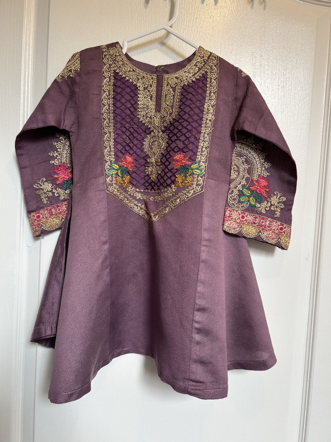 Girls' embroidered purple flared dress