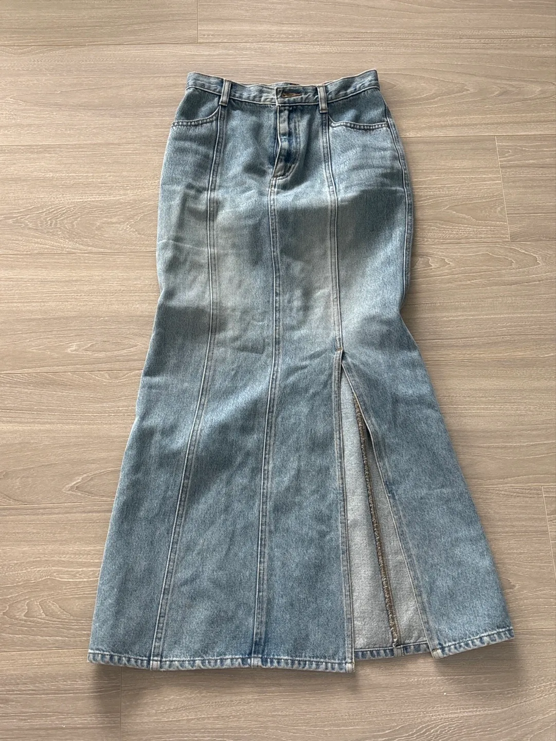 Light Wash Denim Maxi Skirt with Side Slit thumbnail