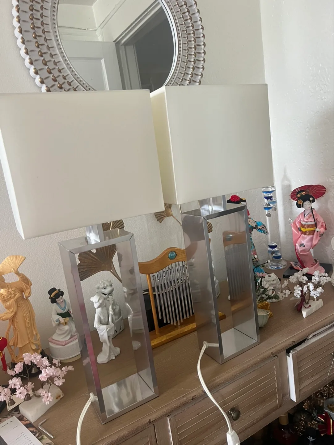 Pair of Modern Brushed Silver Table Lamps with White Shades image indicator(2)