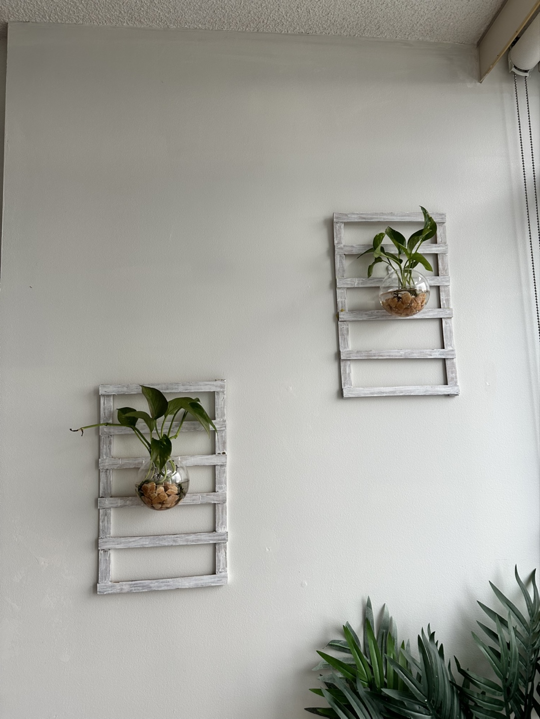 Set of Two Rustic White Wooden Plant Holders with Glass Globes