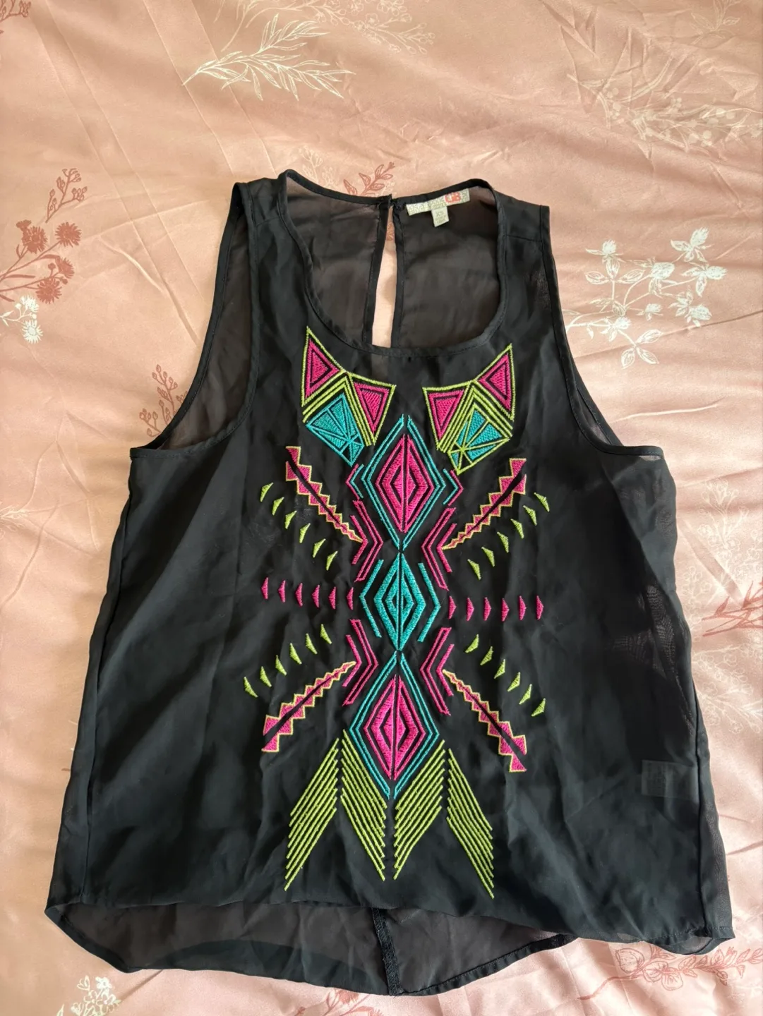 Black Sheer Sleeveless Top with Neon Embroidery thumbnail