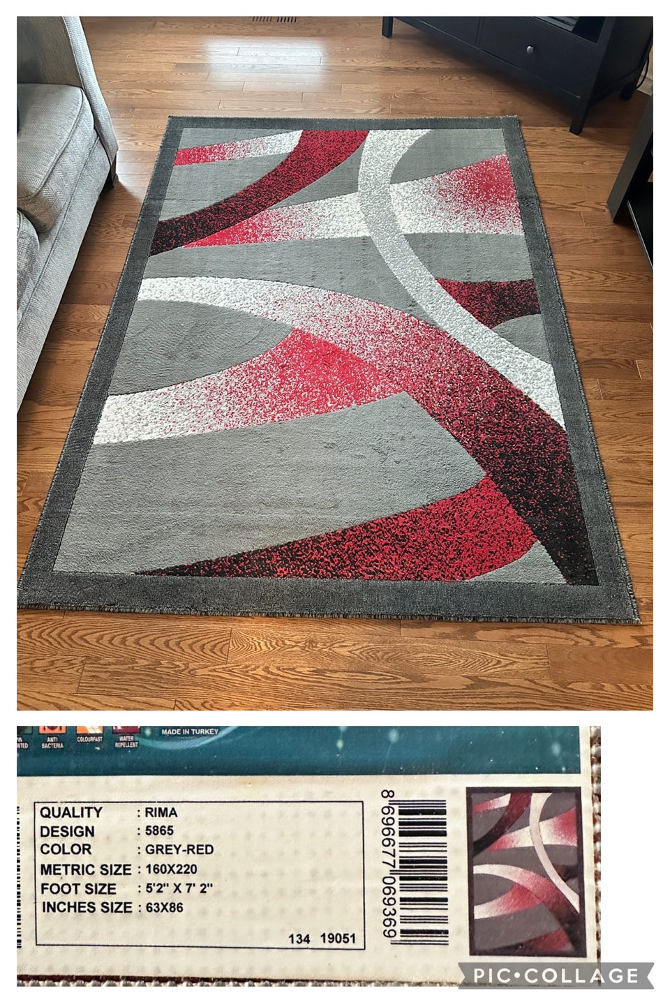 Rima Grey-Red Area Rug, 5'2" x 7'2"
