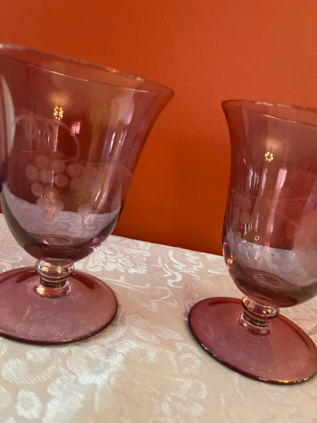 Pair of Vintage Amethyst Grape Etched Stemmed Glasses image indicator(2)
