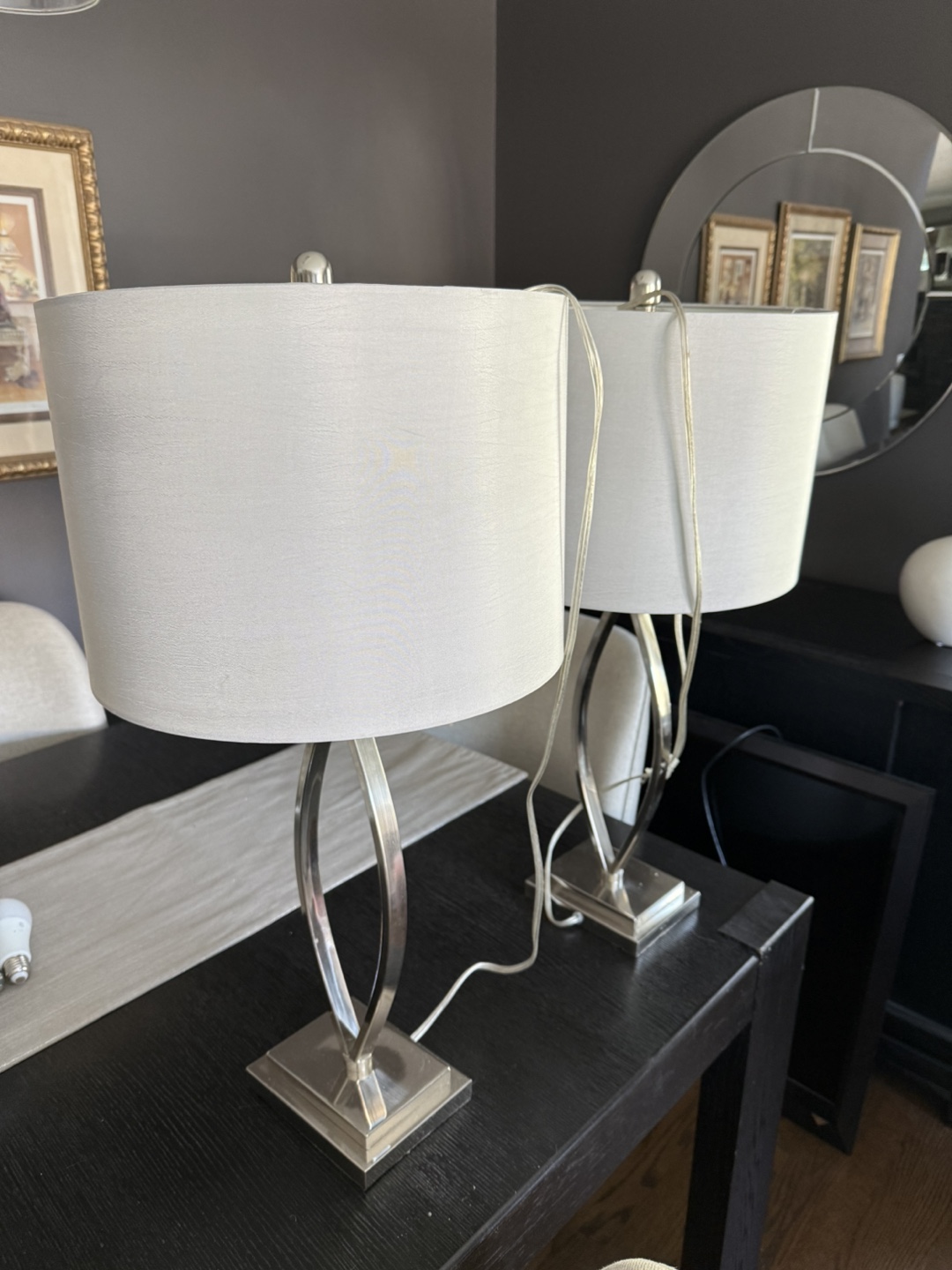 Pair of Modern Nickel Table Lamps with Off-White Shades