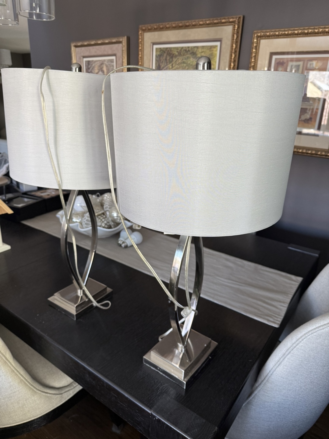 Pair of Modern Nickel Table Lamps with Off-White Shades - photo 2