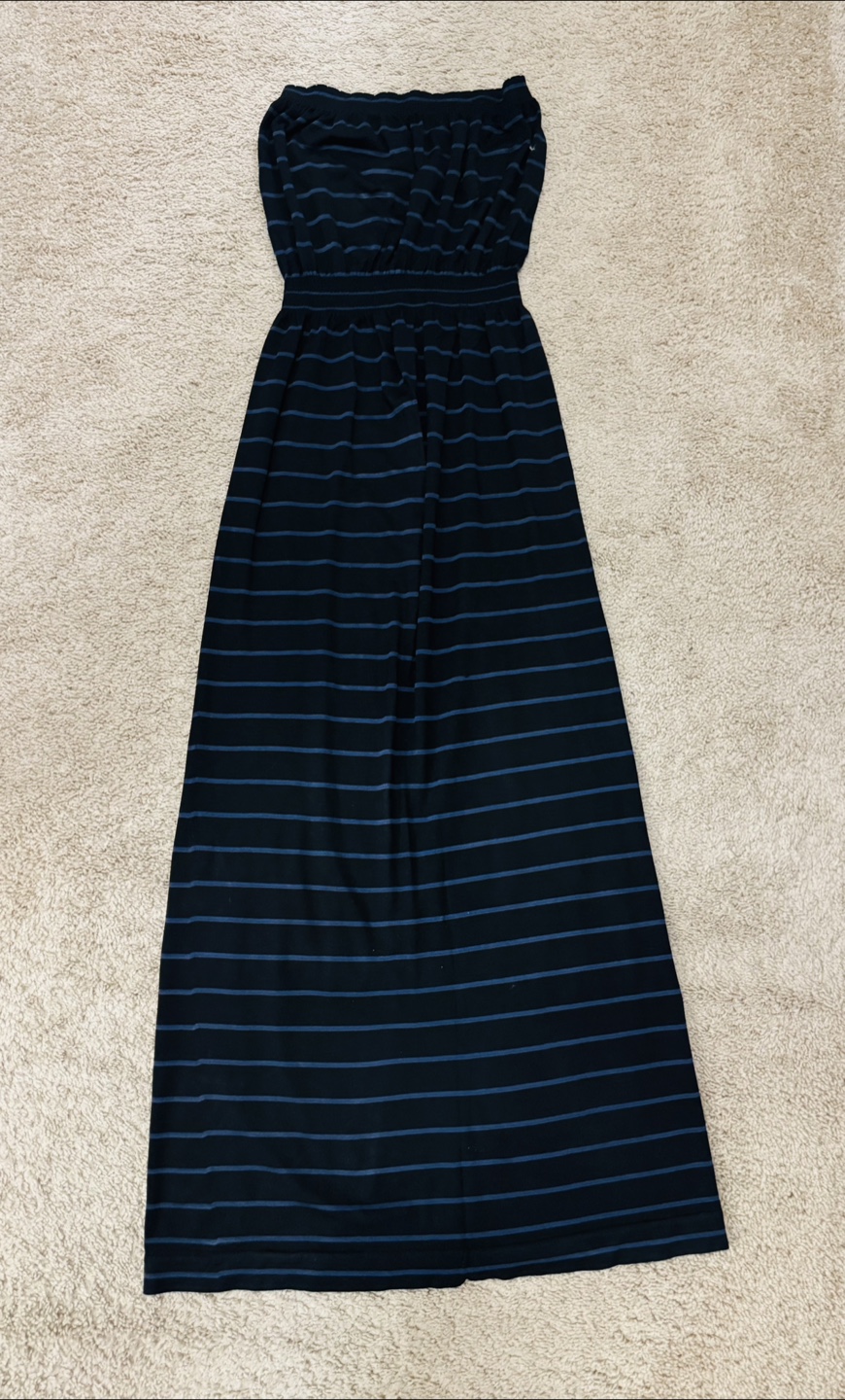 Black and Blue Striped Strapless Maxi Dress