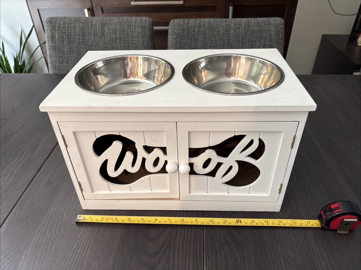 White Wooden Dog Food Station with Stainless Steel Bowls