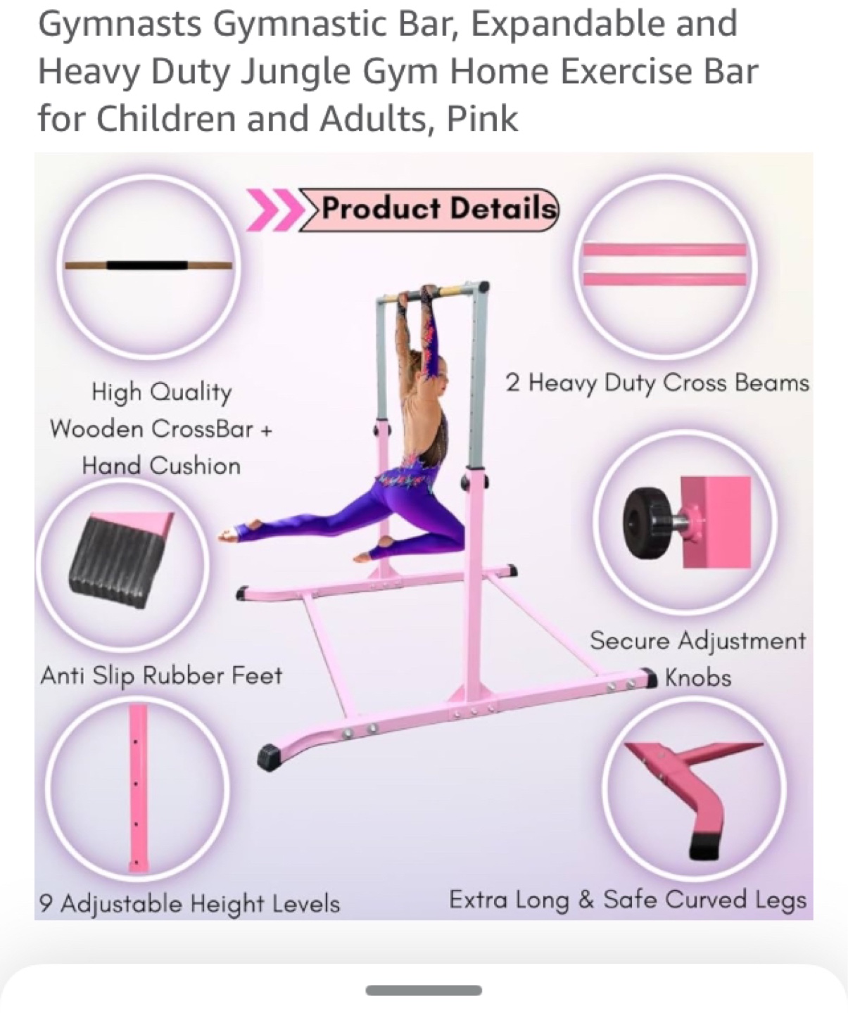 Pink Gymnastics Bar - Adjustable Height, Heavy Duty - photo 3
