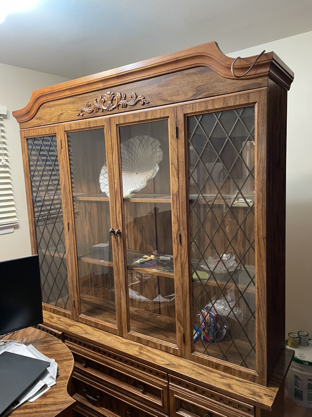 Vintage Wooden Hutch with Glass Doors and Drawers