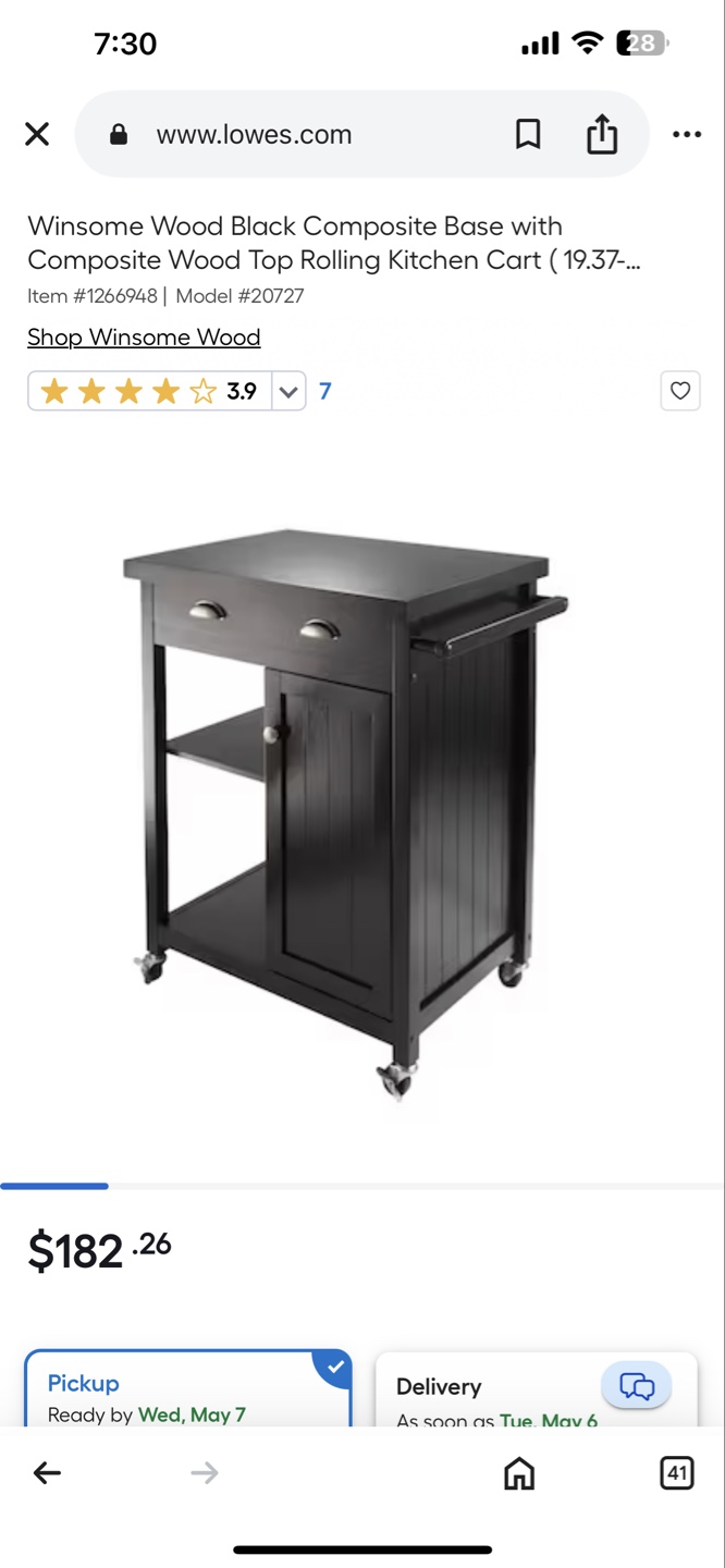 Winsome Wood Black Rolling Kitchen Cart