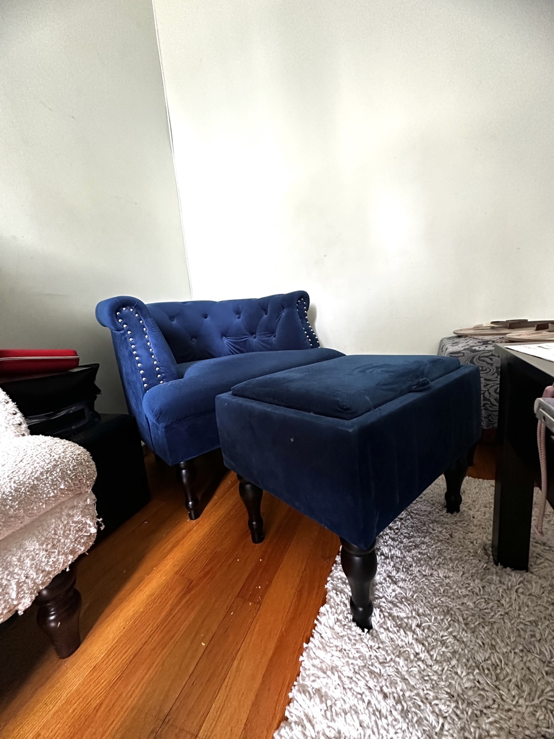 Blue Velvet Accent Chair and Ottoman Set