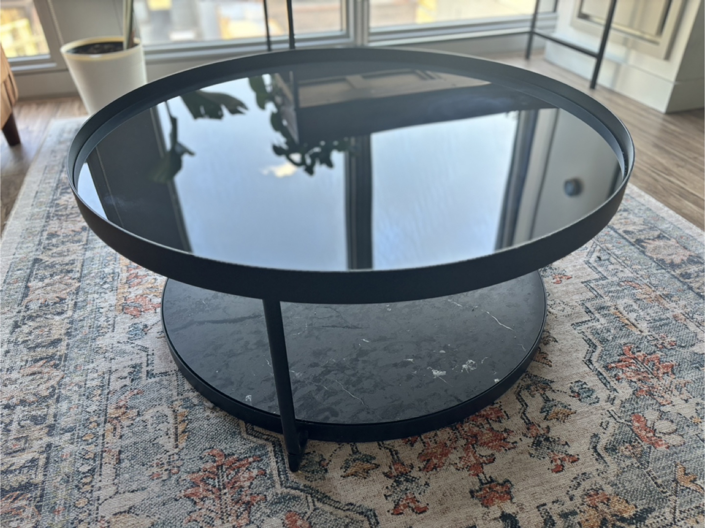 Round Black Coffee Table with Marble Shelf