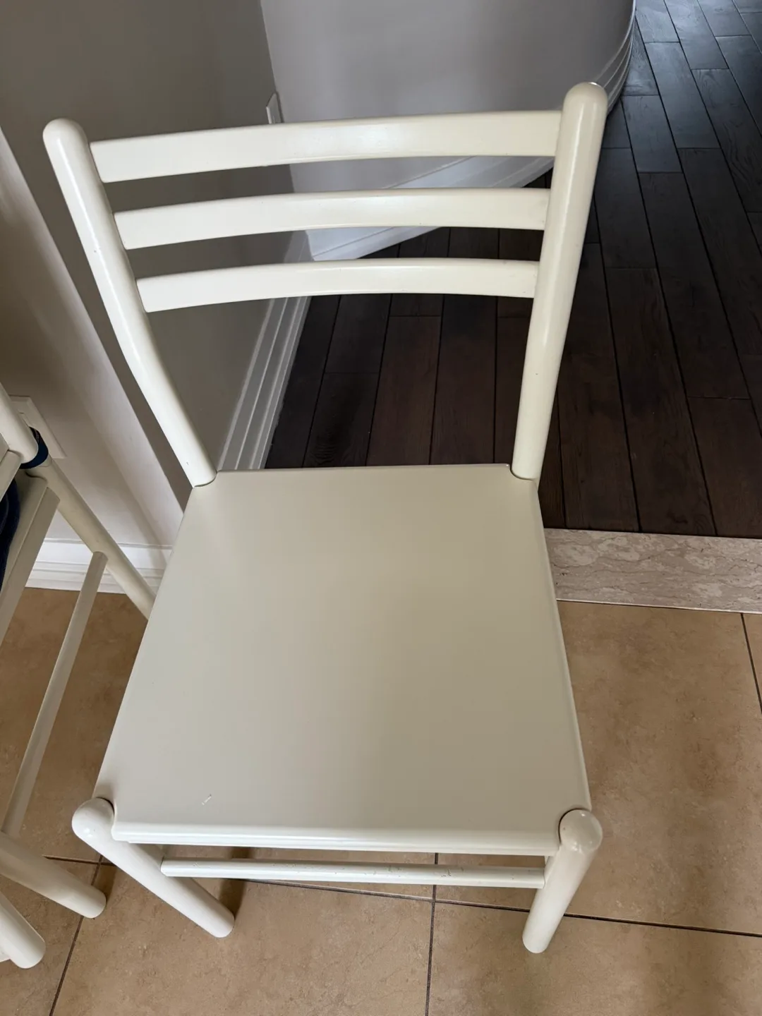 4 white wood dining chairs, comes with chair pads image indicator(3)