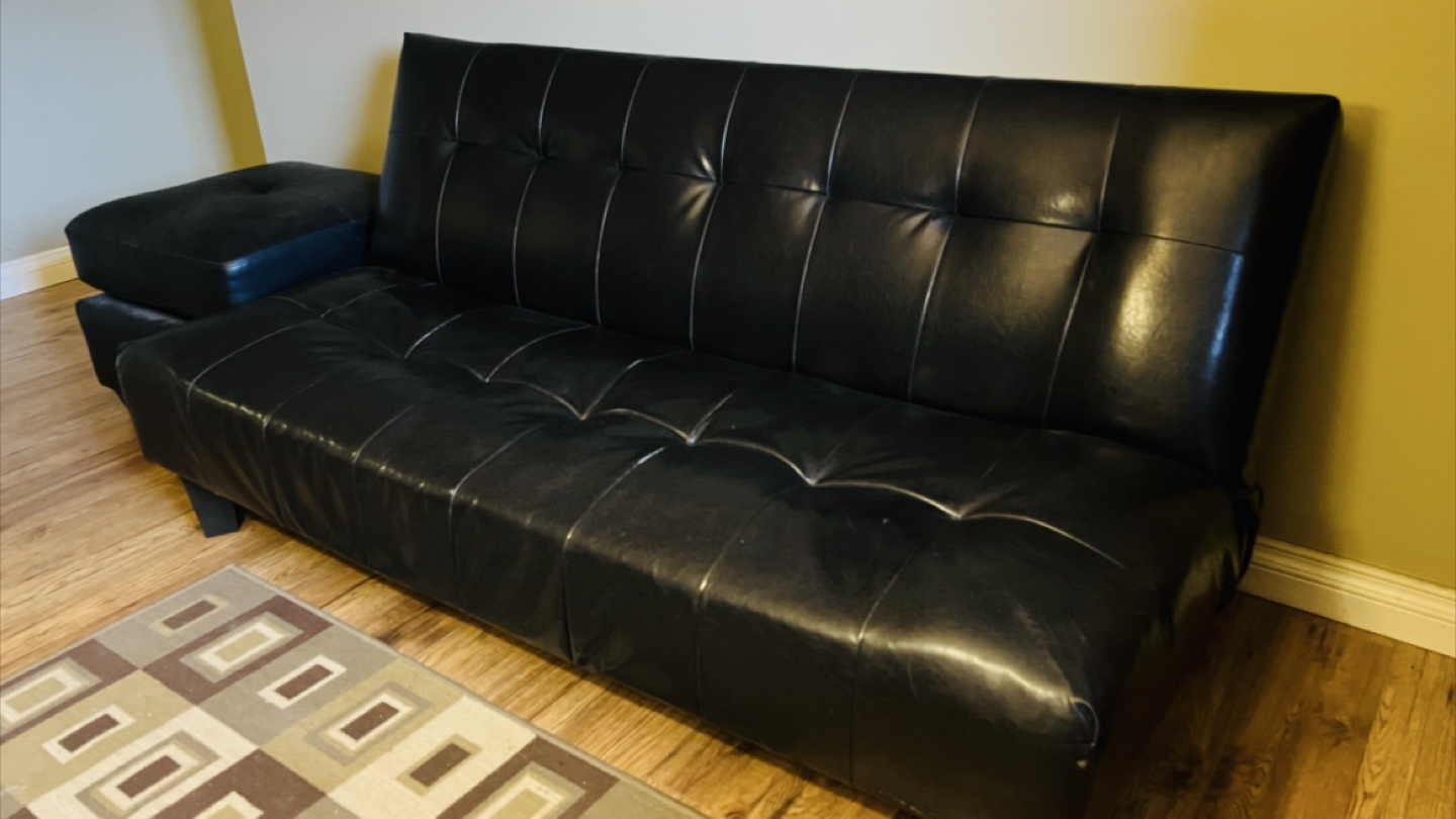 Black Faux Leather Futon with Ottoman