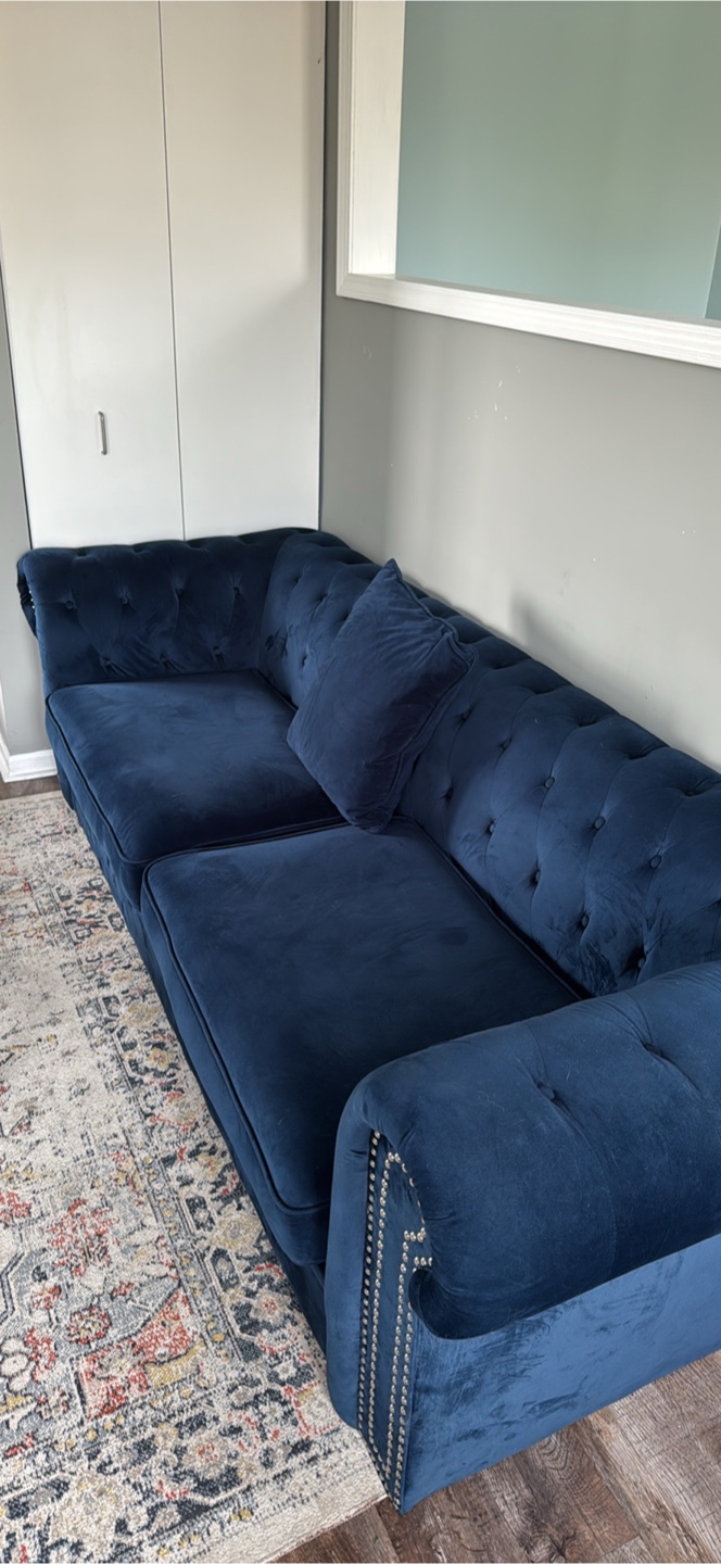 Navy Blue Velvet Button Tufted Sofa - photo 2