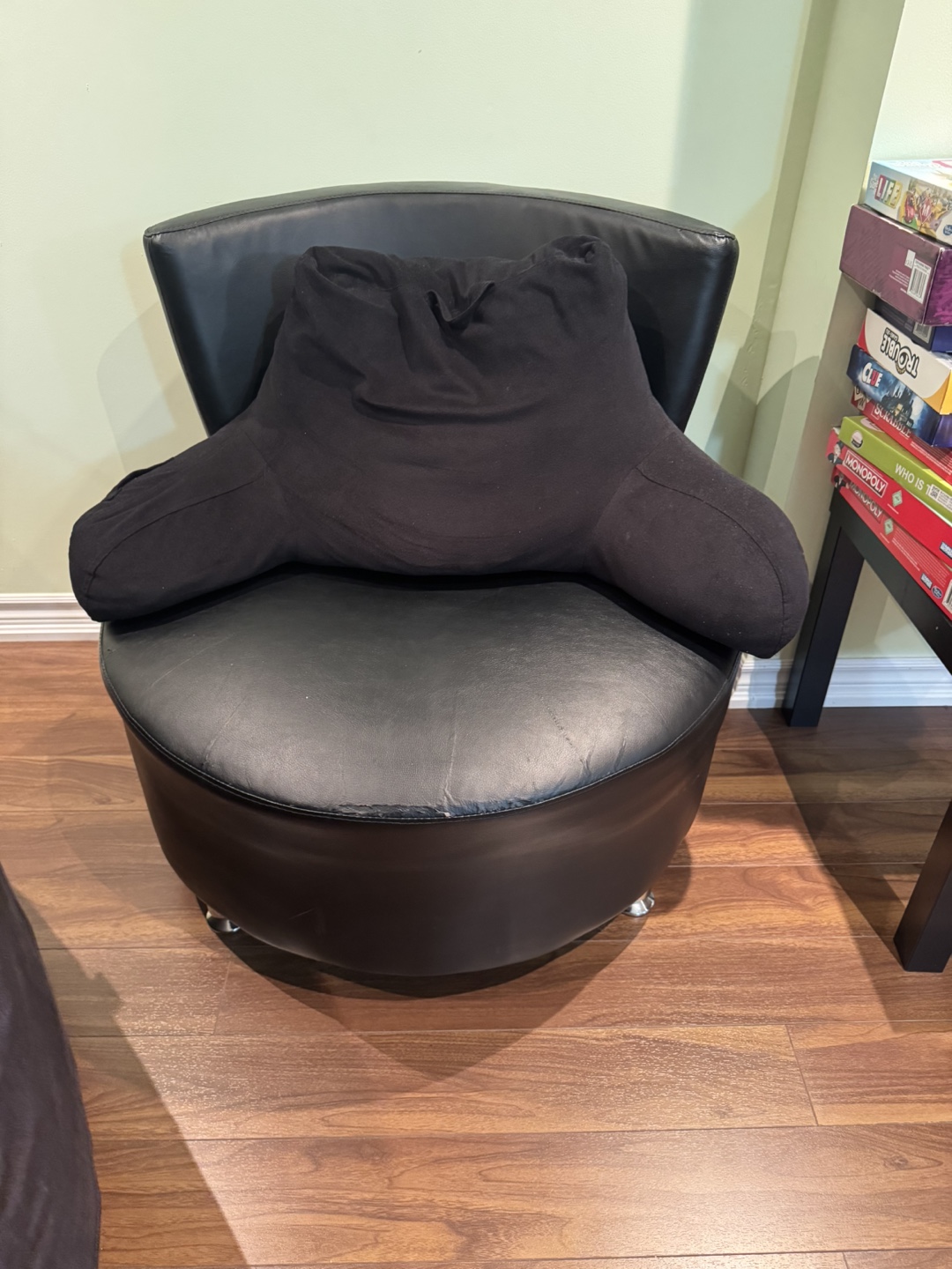 Black Leather Chair with Lumbar Support Pillow