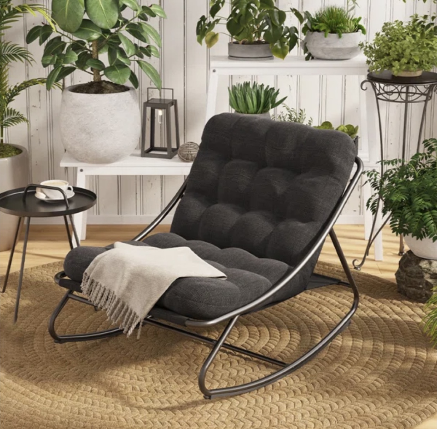 Black Metal Rocking Chair with Cushions