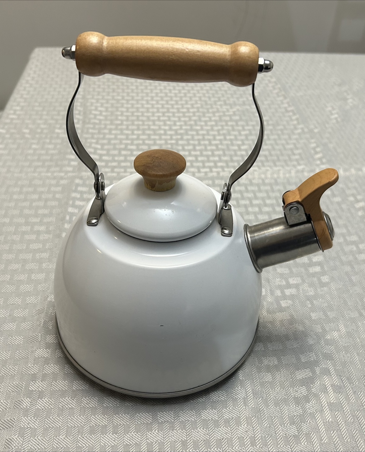 White Enamel Tea Kettle with Wooden Handle