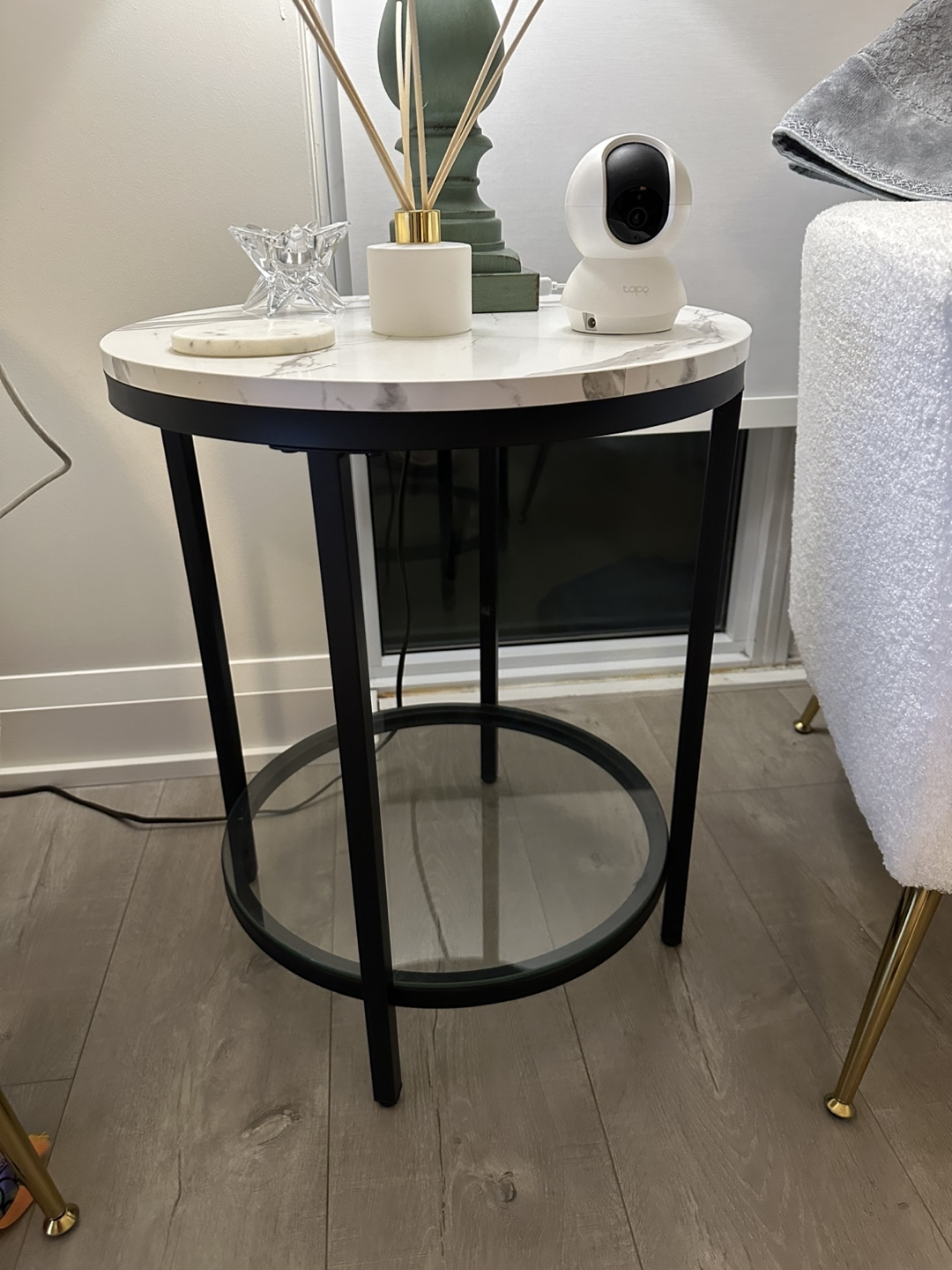 Round Marble Accent Table with Glass Shelf