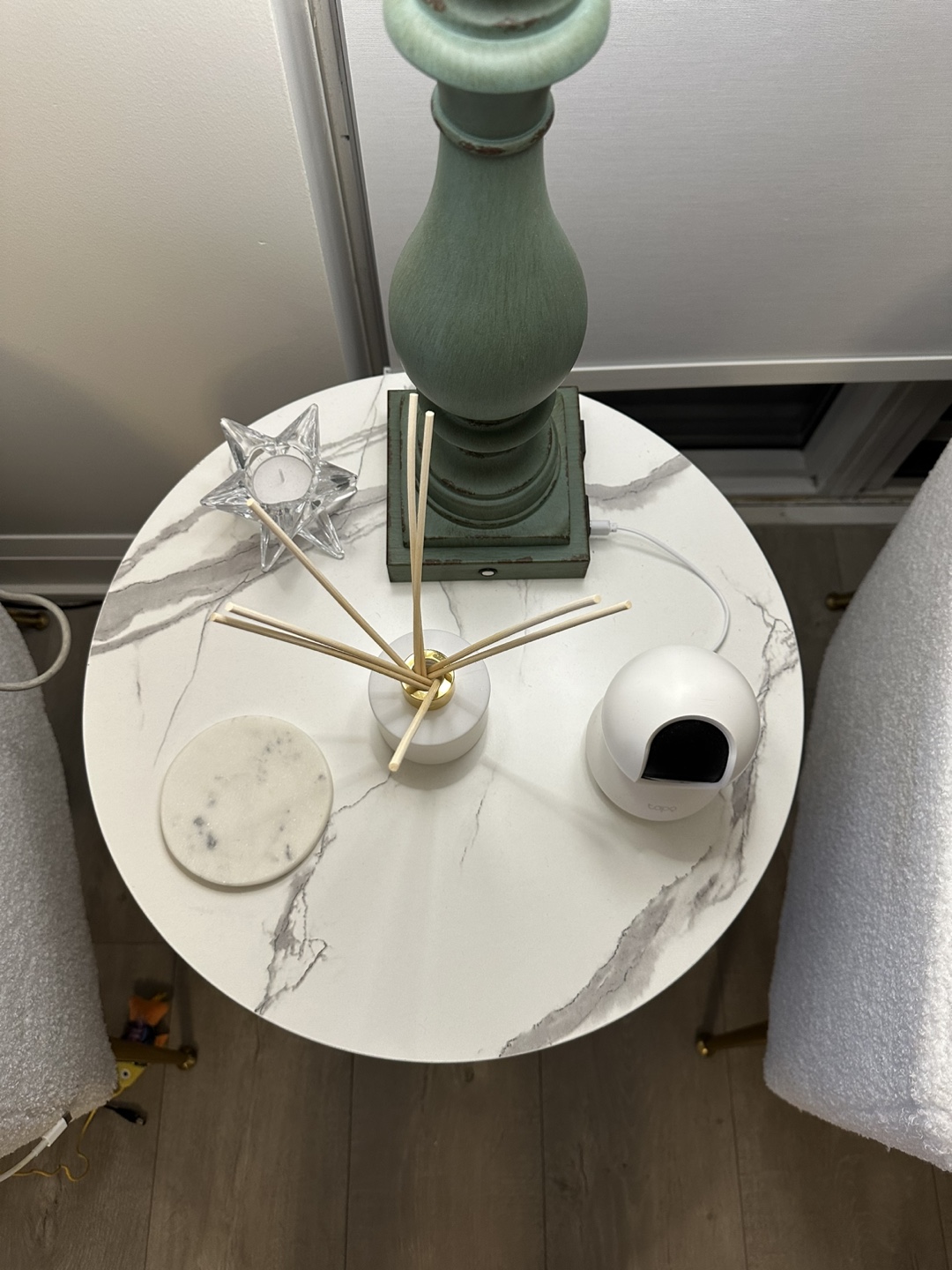 Round Marble Accent Table with Glass Shelf - photo 2