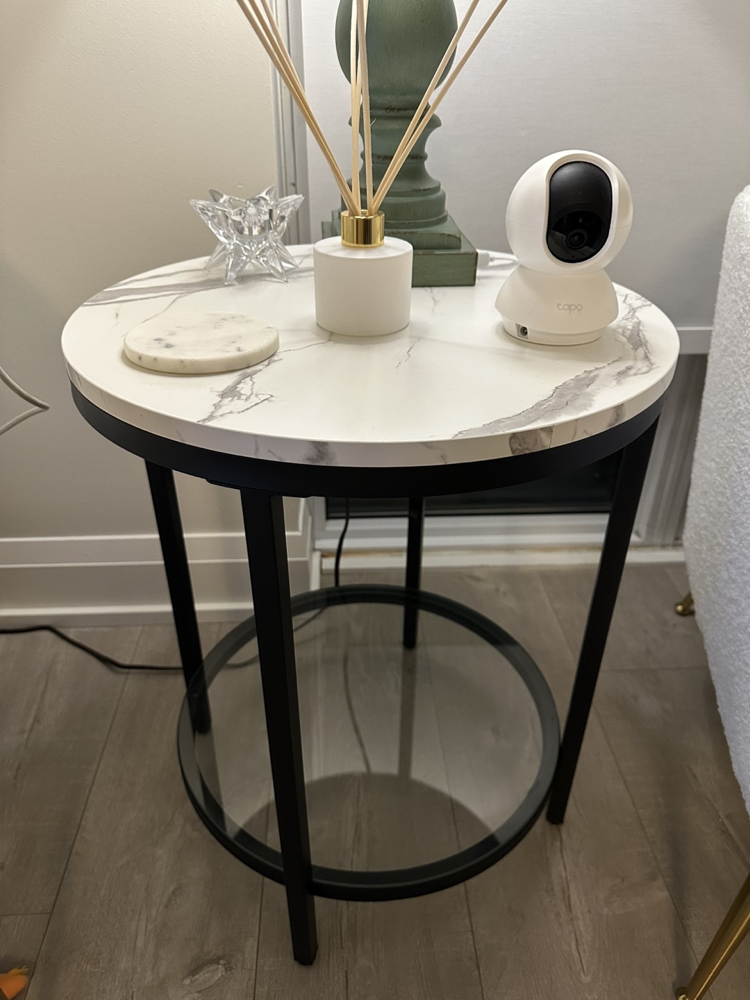 Round Marble Accent Table with Glass Shelf - photo 3