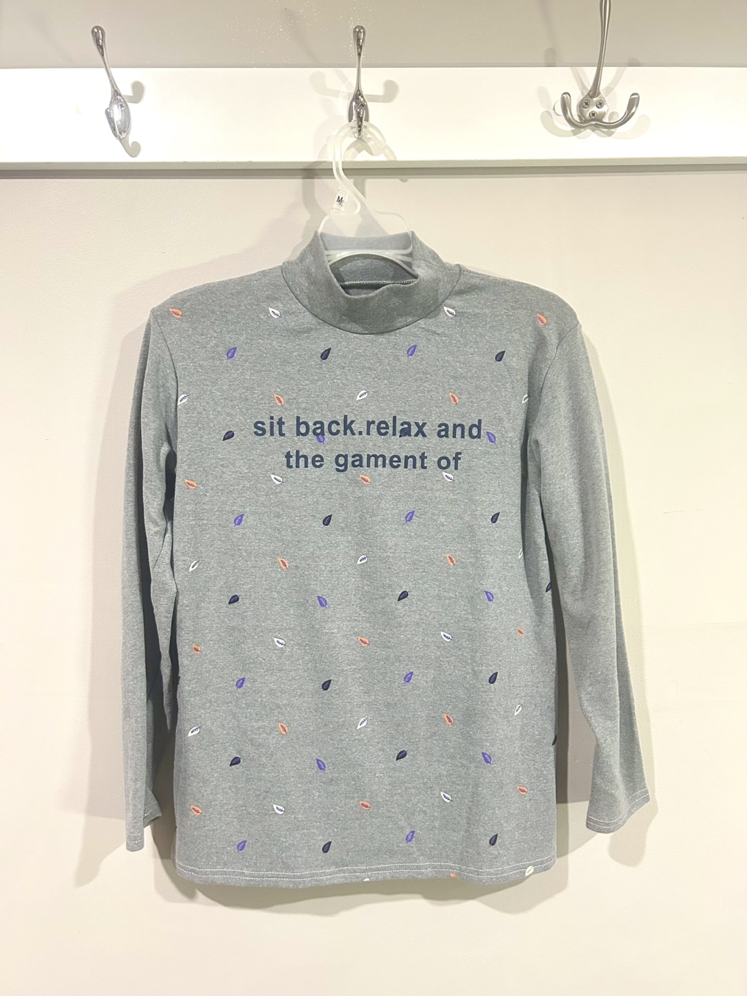 Grey and Black Turtle Neck Long Sleeve Top with Leaf Print