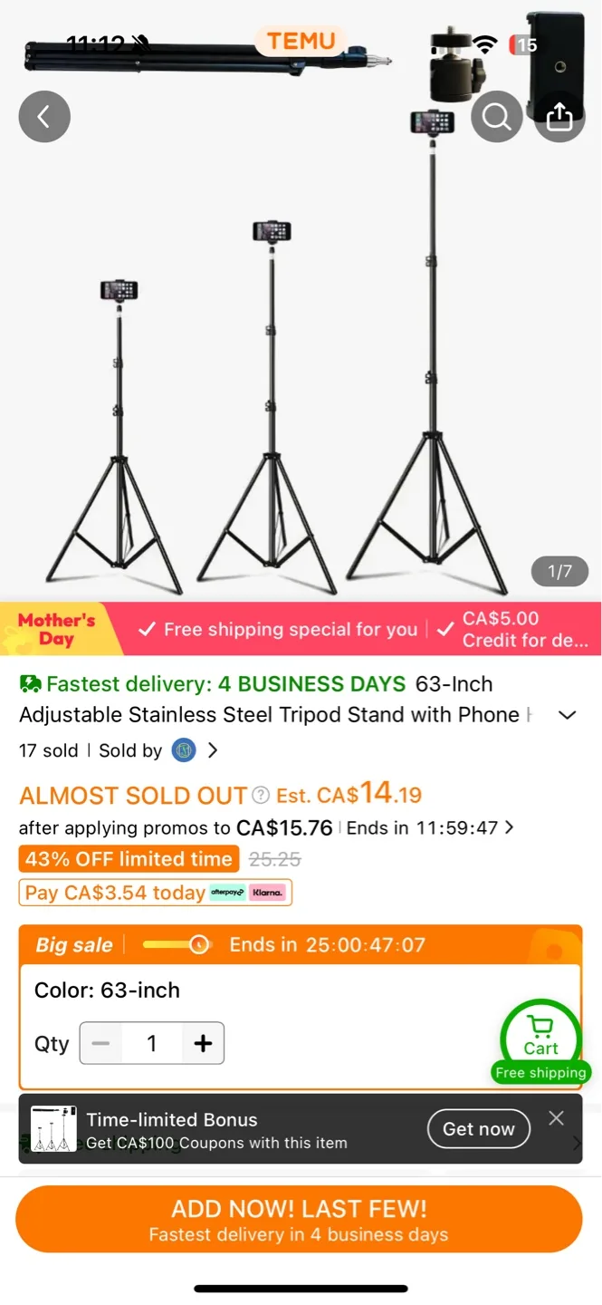 63-Inch Stainless Steel Tripod Stand with Phone Holder thumbnail