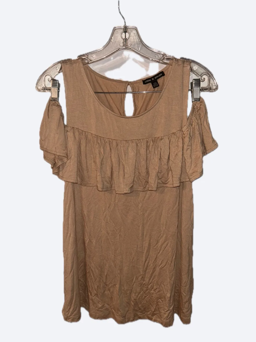 Cable & Gauge Beige Cold Shoulder Ruffle Top Size L/G thumbnail