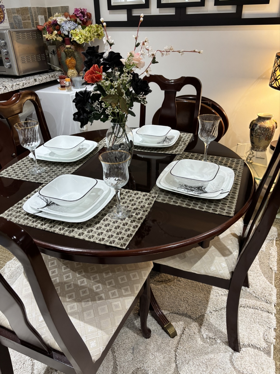 Round Cherry Wood Dining Table Set with Four Chairs