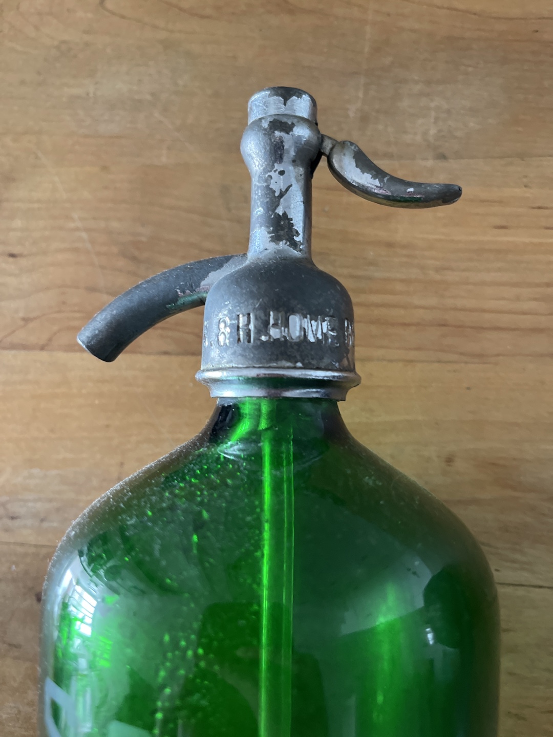 Vintage Green Glass Seltzer Bottle with Metal Top - photo 2
