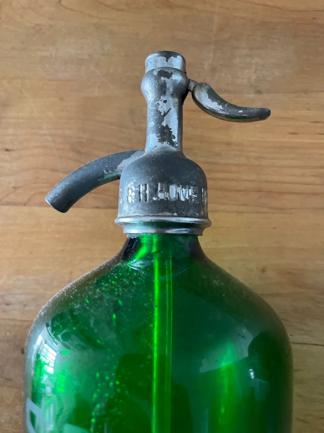 Vintage Green Glass Seltzer Bottle with Metal Top image indicator(2)