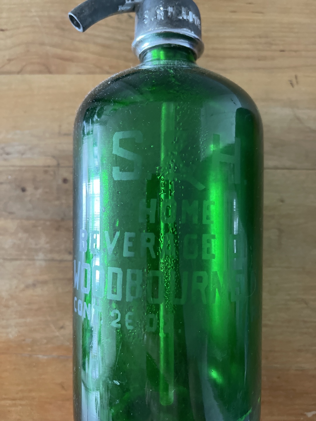 Vintage Green Glass Seltzer Bottle with Metal Top - photo 3