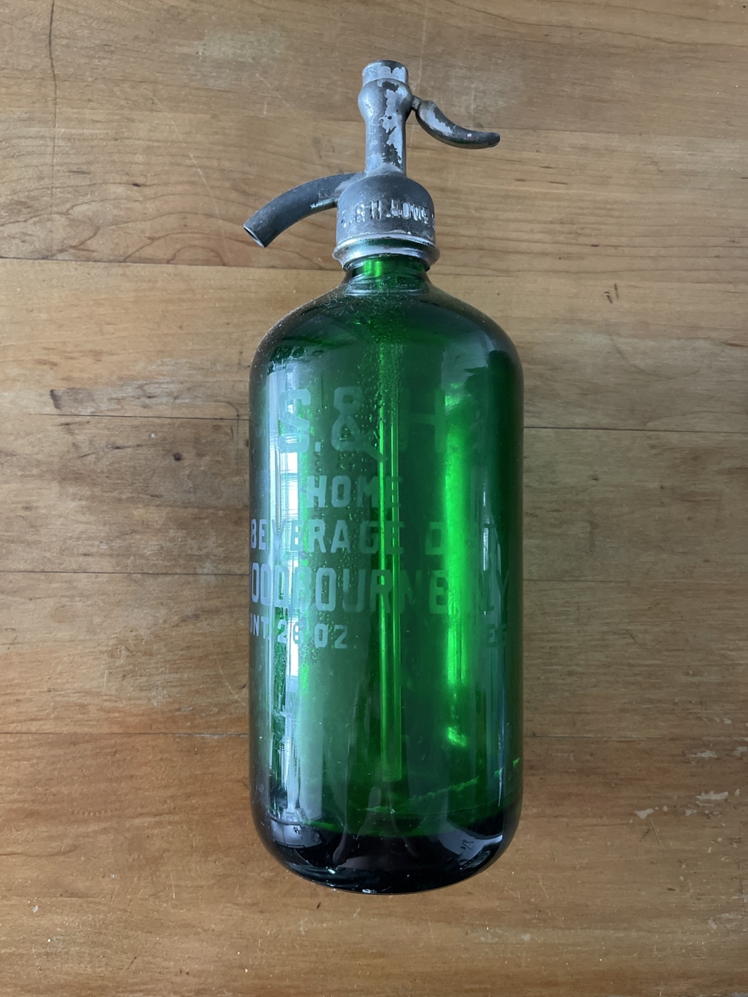 Vintage Green Glass Seltzer Bottle with Metal Top