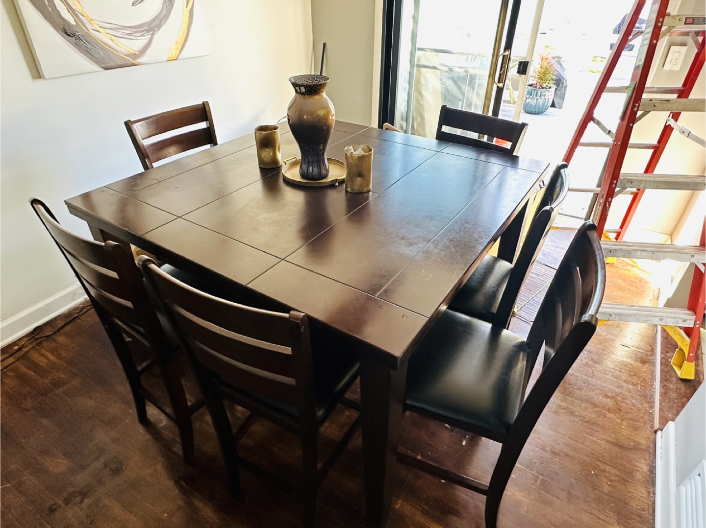 Square Dark Brown Wood Dining Table with Six Chairs - photo 2