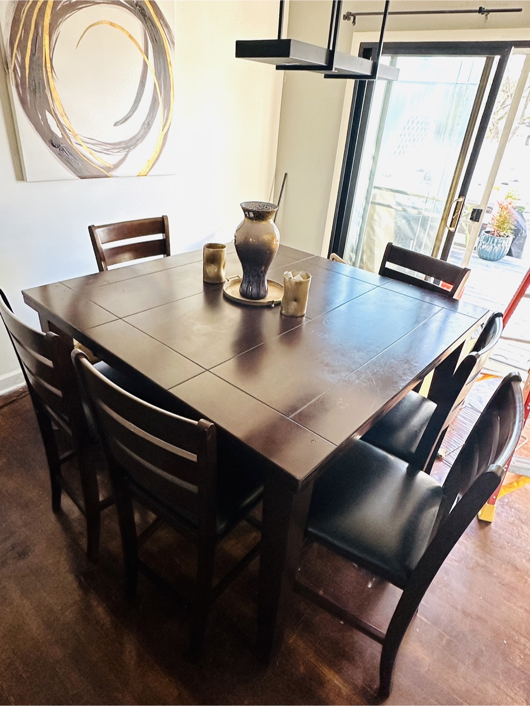 Square Dark Brown Wood Dining Table with Six Chairs