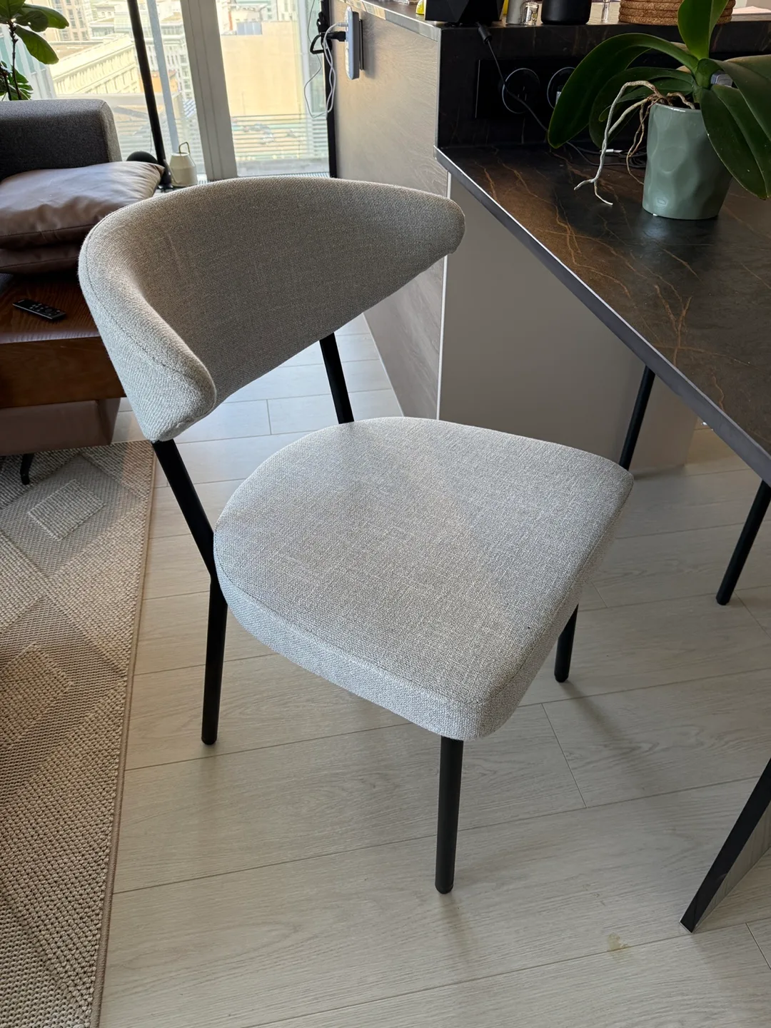 Modern Dining Chair with Grey Fabric Seat and Black Metal Legs thumbnail