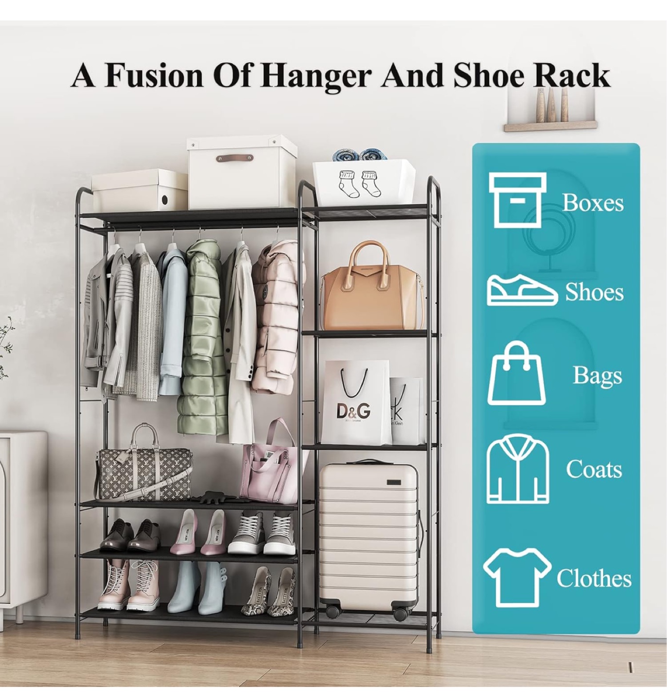 Black Metal Wardrobe Clothes Rack with Shoe Storage
