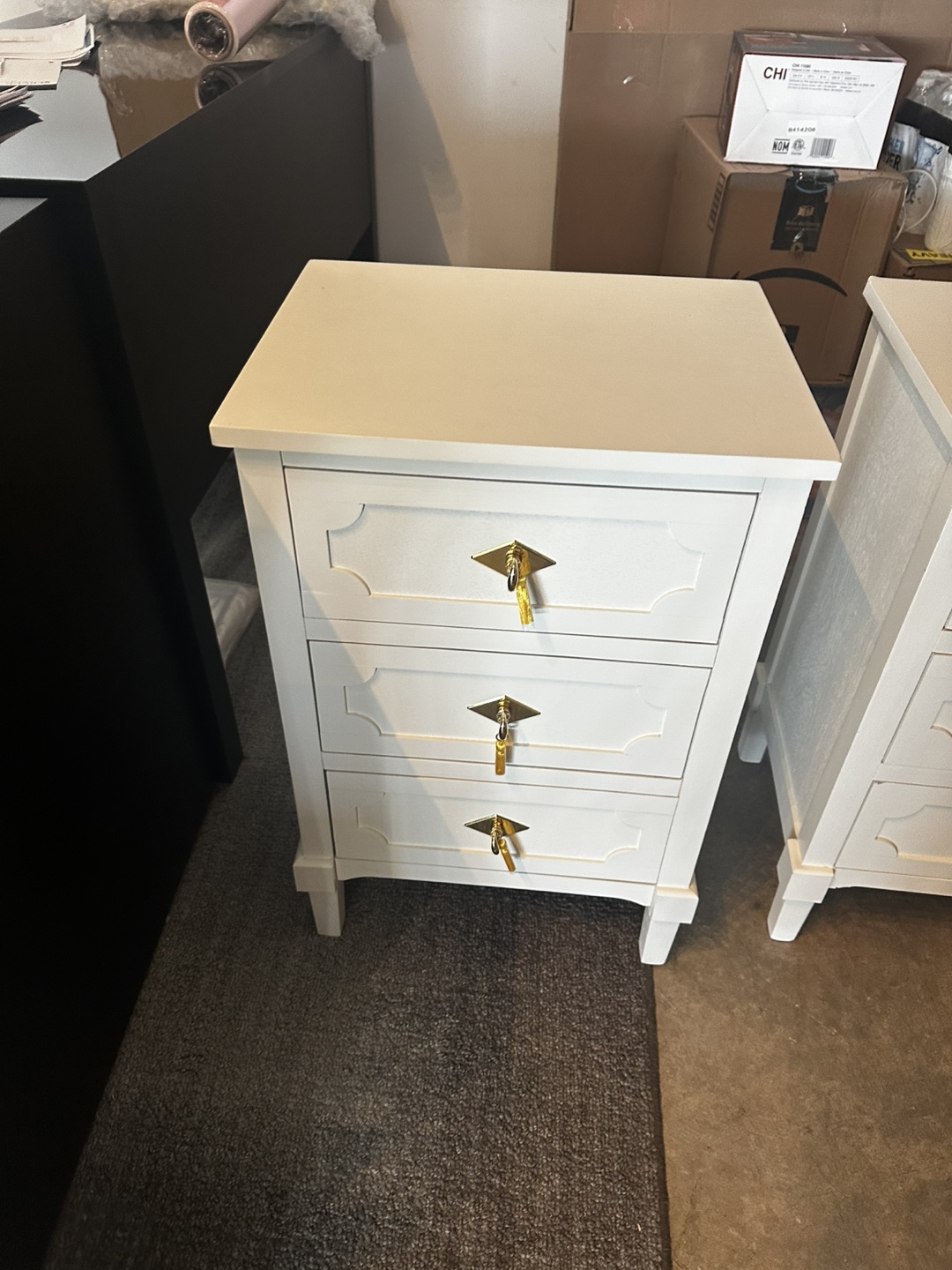 Pair of White 3-Drawer Nightstands with Gold Keyhole Hardware - photo 3
