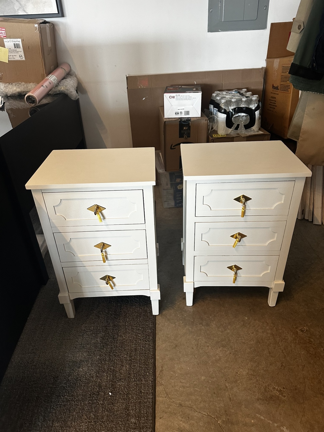 Pair of White 3-Drawer Nightstands with Gold Keyhole Hardware