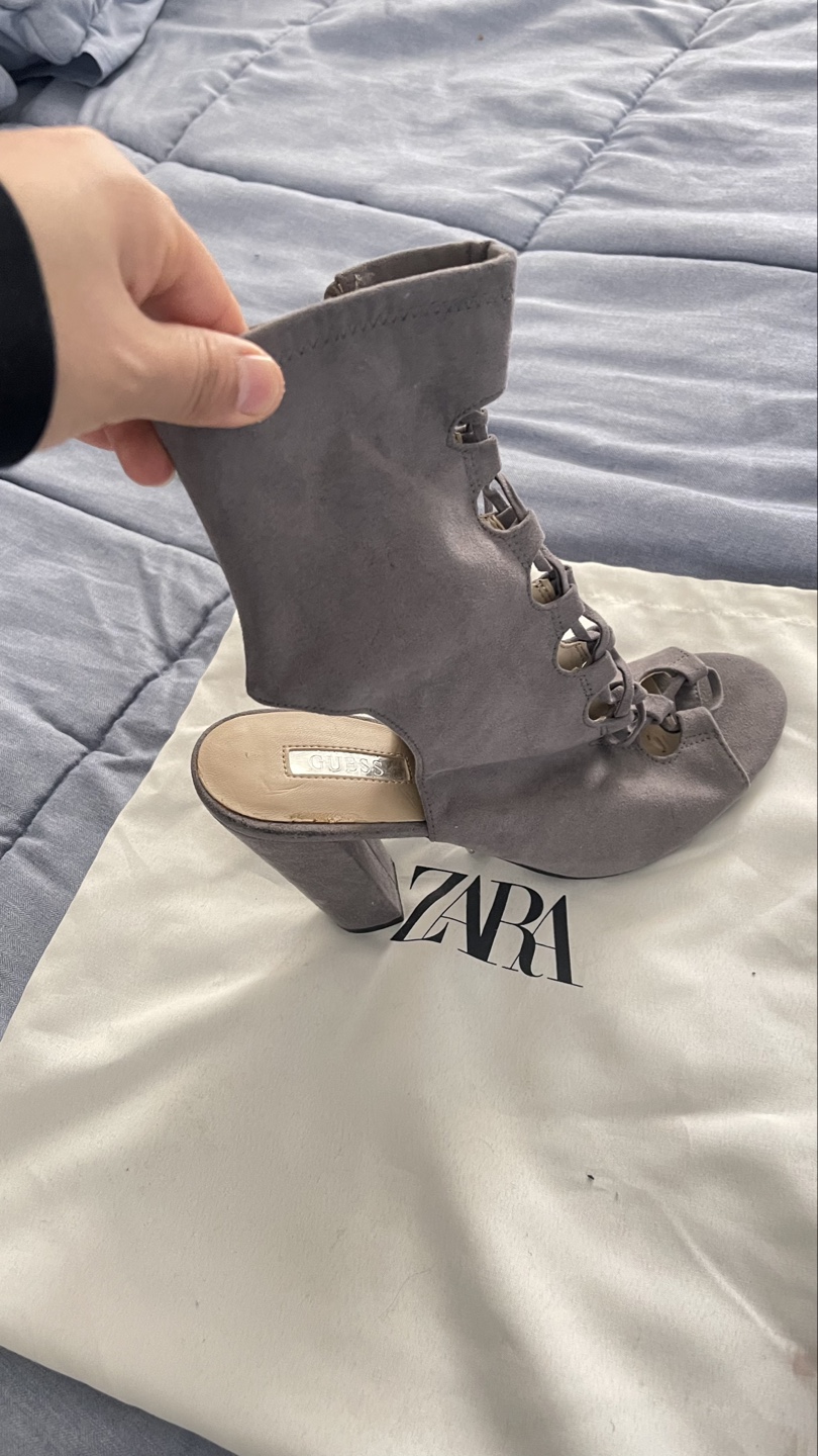 Grey Suede Lace-Up Heels, Size 7.5