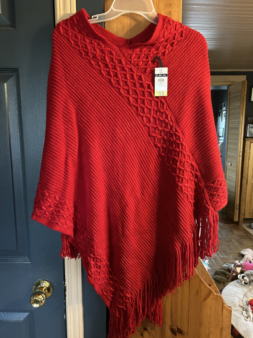 Red Knit Poncho with Fringe - photo 3