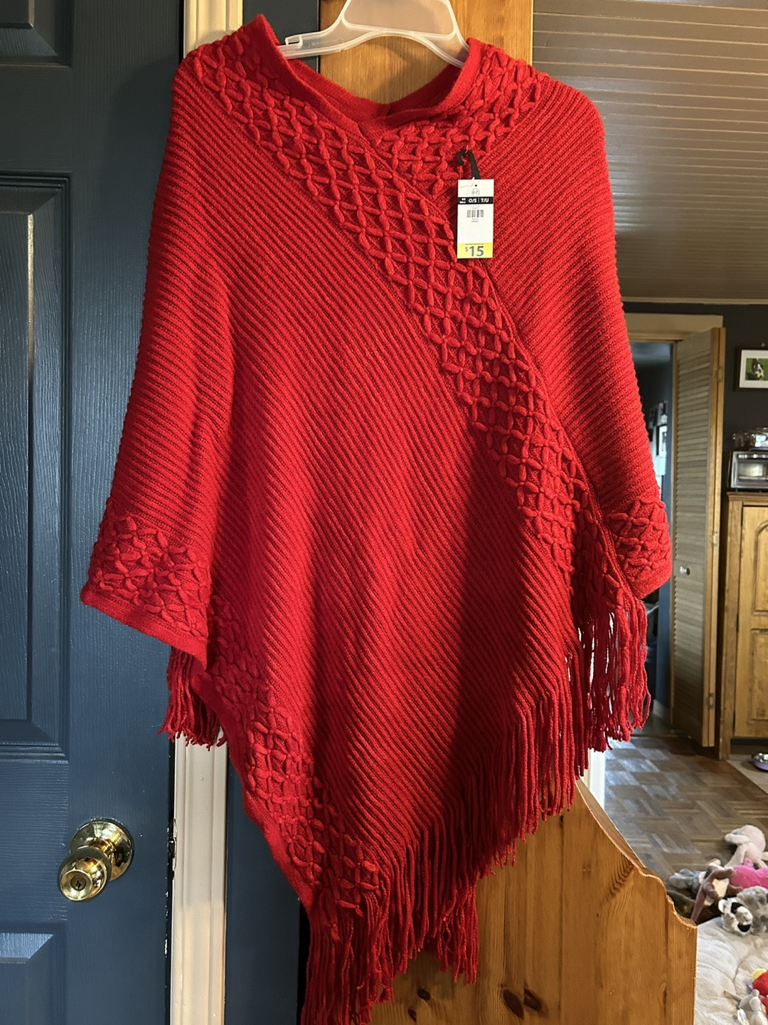 Red Knit Poncho with Fringe