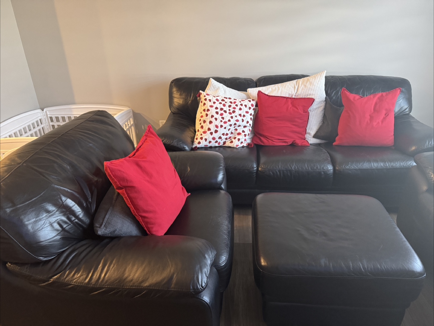 Black Leather Sofa Set - Loveseat, Chair, and Ottoman