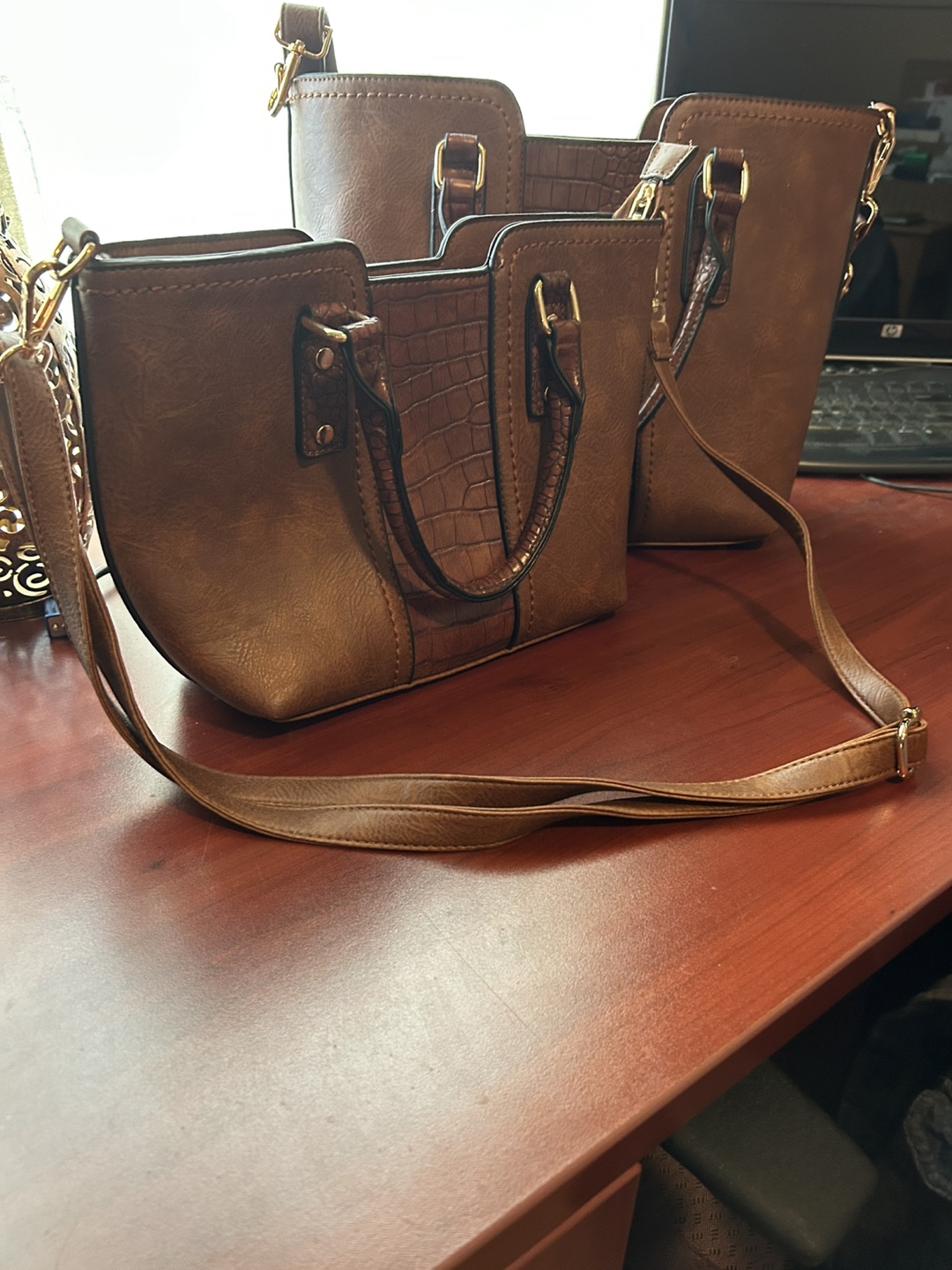 Brown Faux Leather Handbag Set