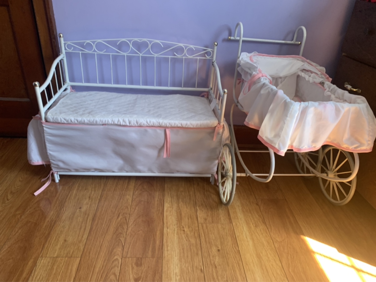 Doll-Sized White Metal Daybed and Pram Set