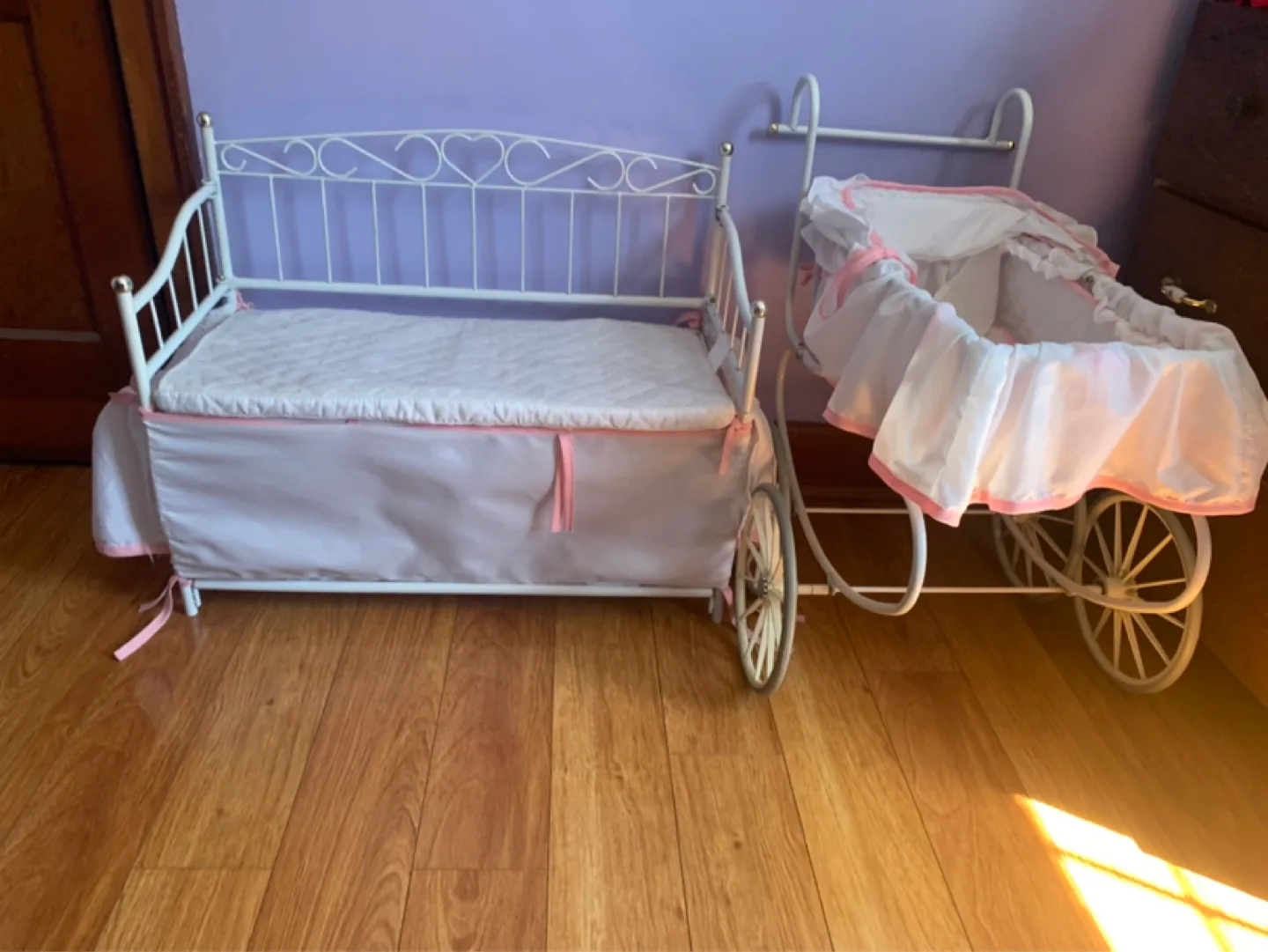 Doll-Sized White Metal Daybed and Pram Set