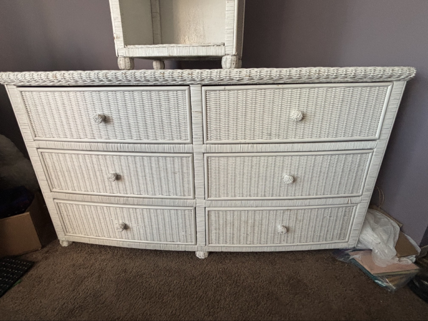 White Wicker Dresser and Nightstand Set